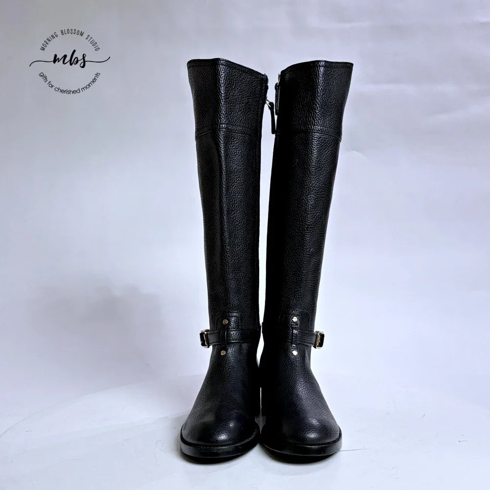 NWOT Tory Burch Thea Riding Boots Equestrian Leather Zip‎ Buckle Black Women 6.5